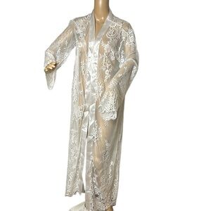 White Lace sheer maxi open front satin lingerie,boudoir,honeymoon,coquette,sexy